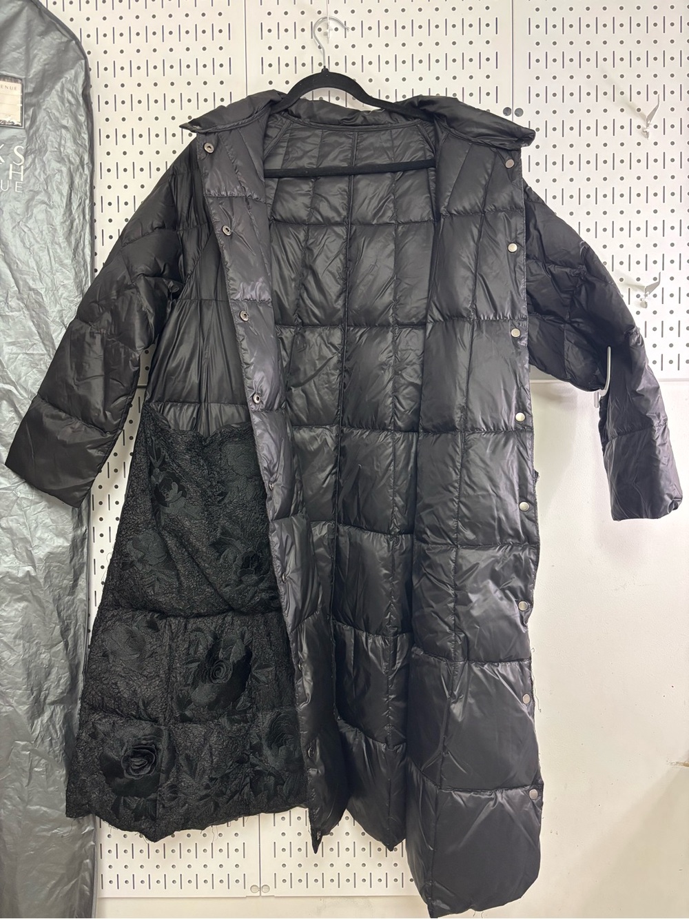 Black Long Quilted Puffer Coat with Textured Panel - Women